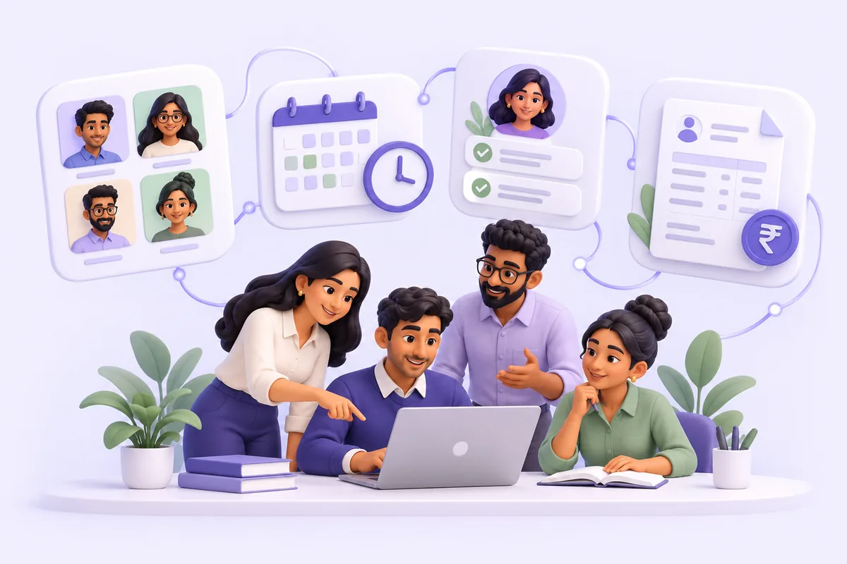 Illustration of a team connecting employee records, attendance, leave and payroll