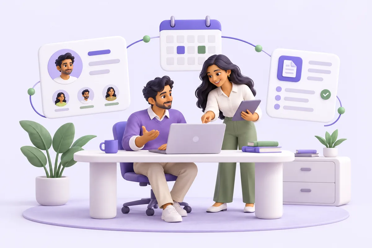 Conceptual illustration connecting people, work calendars and HR documents around a shared workspace