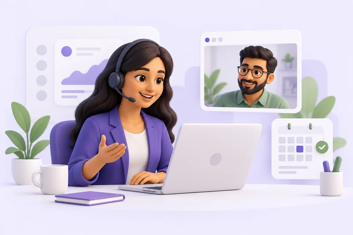 Illustration of a product specialist guiding a colleague through an online demo