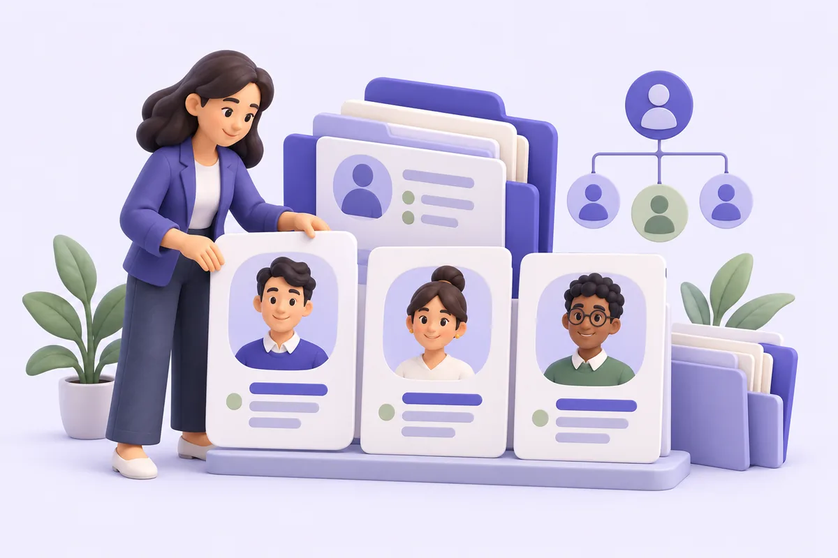 Illustration of an HR professional organizing employee profiles and team records